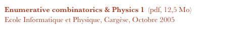 Enumerative combinatorics & Physics 1  (pdf, 12,5 Mo)
Ecole Informatique et Physique, Cargèse, Octobre 2005